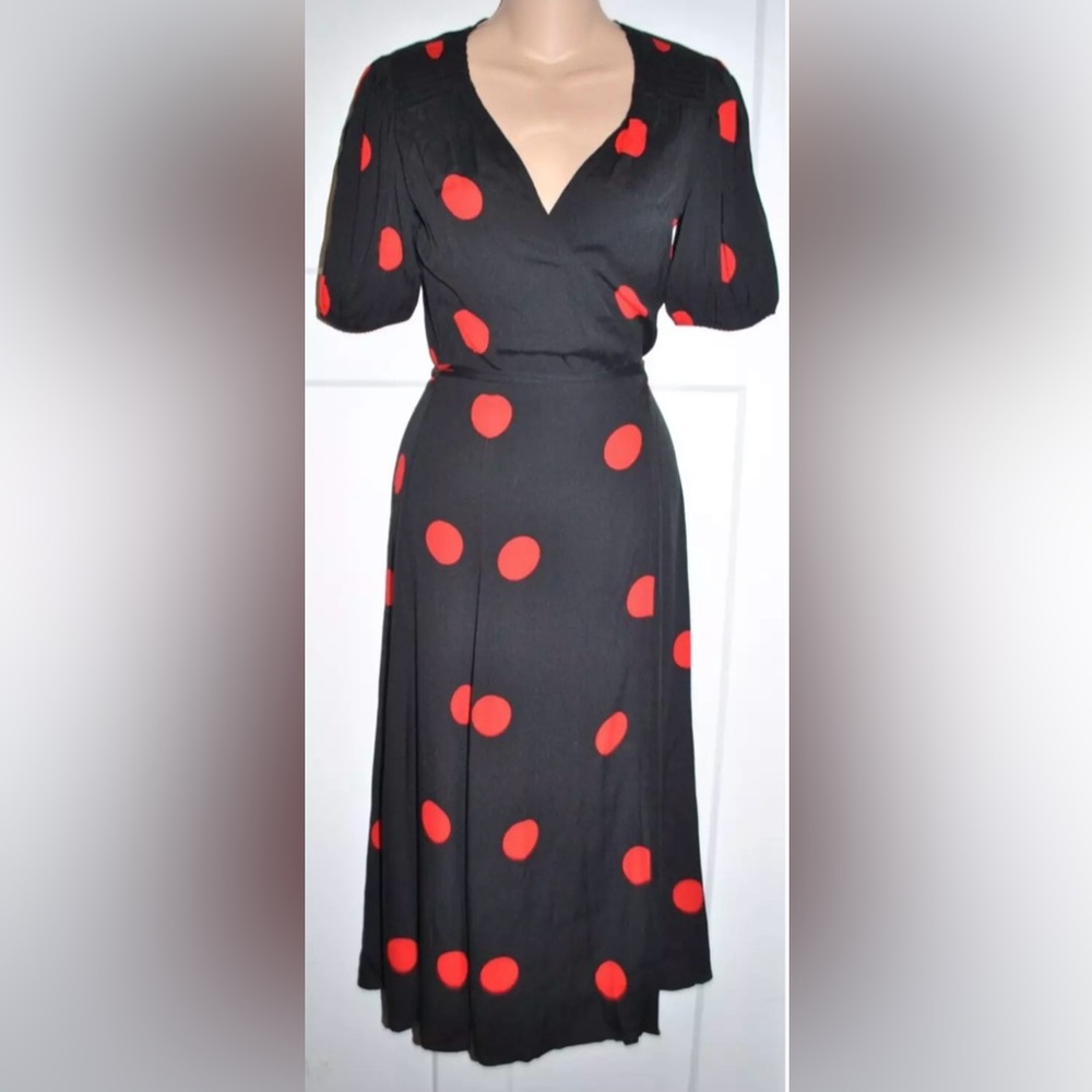 REFORMATION Augustina Black Red Polka Dot Wrap Midi Dress size XS - Picture 2 of 6